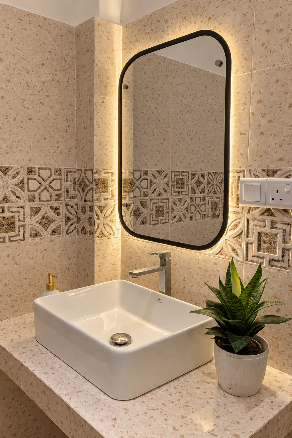 Bathroom vanity with a lit mirror and vessel basin