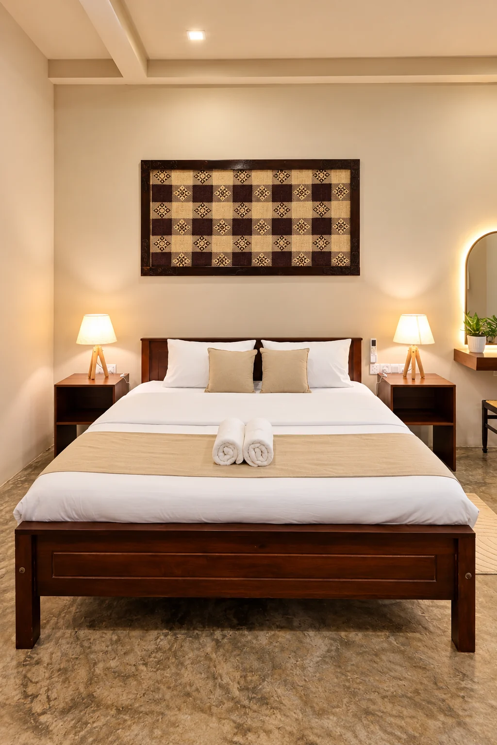 Front view of the bedroom with a timber bed and patterned textile