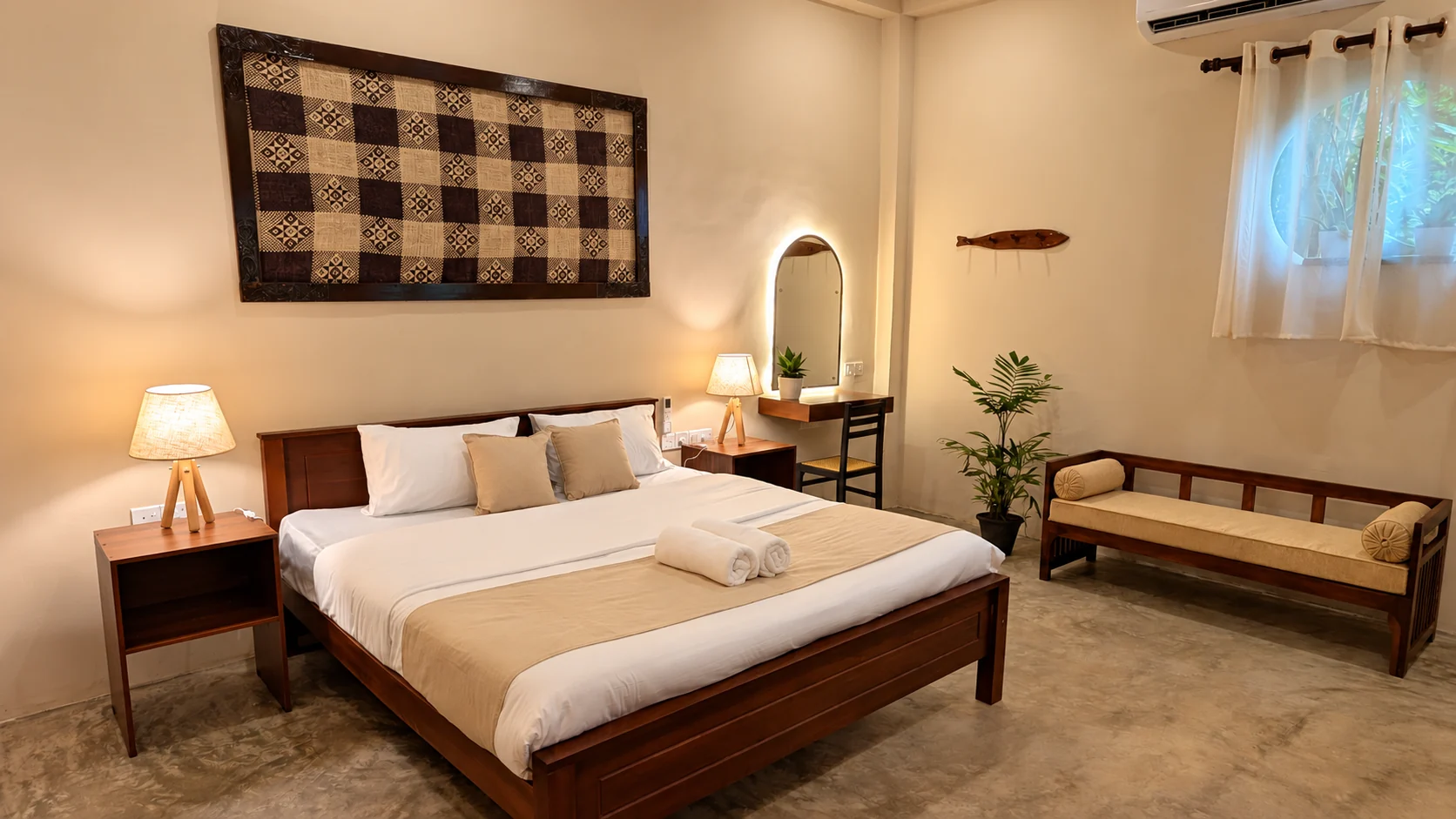 Wide bedroom with a timber bed, arched mirror and daybed