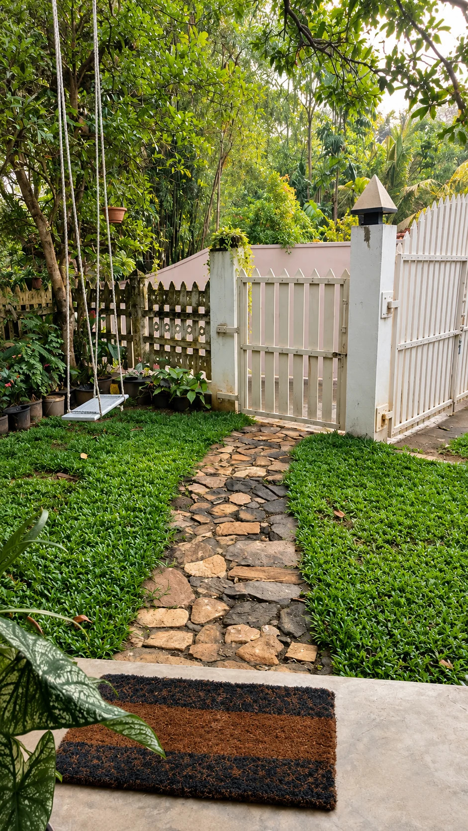 Stone garden path leading to the white entrance gate