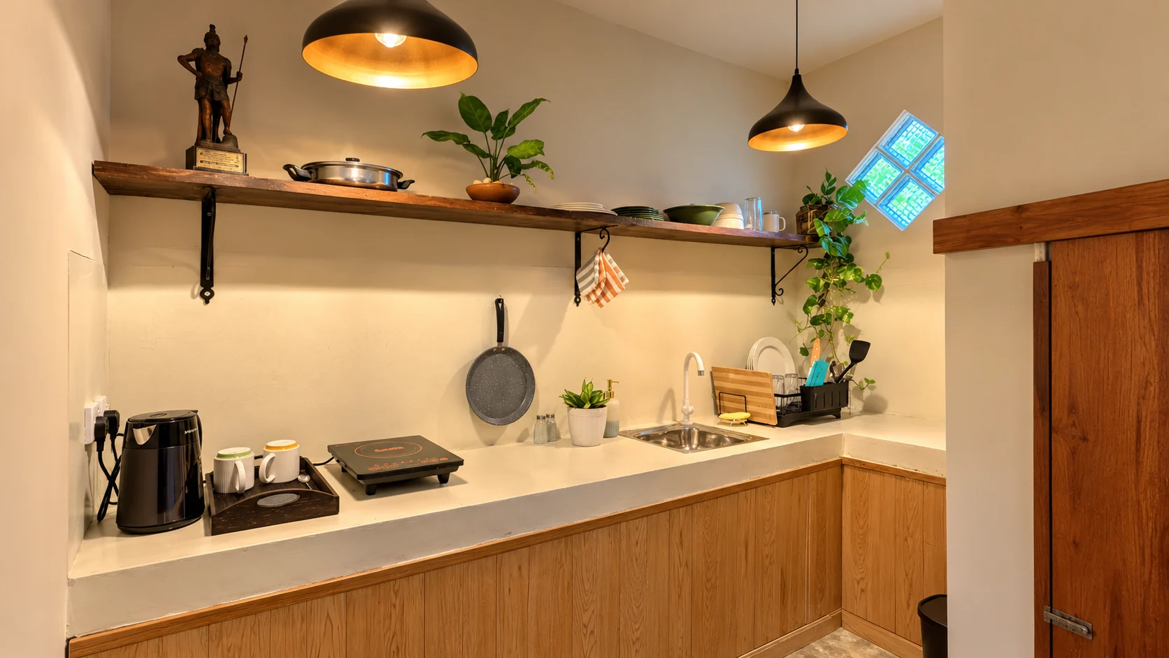 Kitchenette with an induction cooker, sink and open shelving