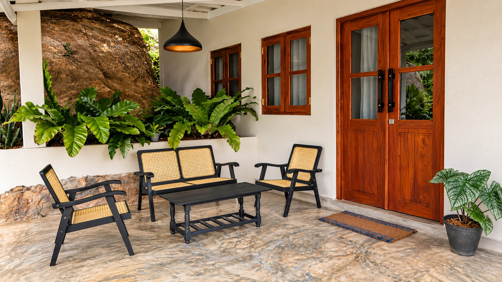 Outdoor porch seating with cane chairs and a timber door