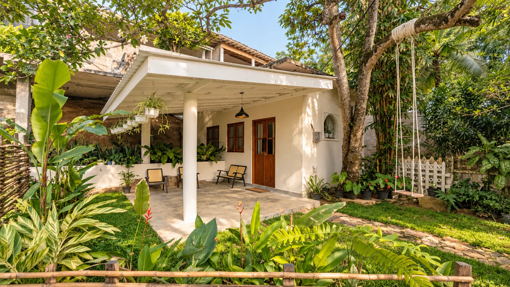 Villa Calmora exterior with a covered porch and tropical garden